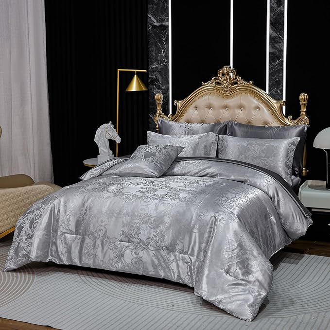 Jacquard Queen Comforter Set with Sheet Set Grey Bedding Set 8 Pcs Embroidery Neoclassical Floral Pattern Bed Home Decor Soft Down Comforter Luxury Hotel Silky Bed in a Bag with 1 Cushion Cover
