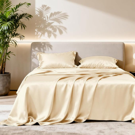 Love's cabin Satin Queen Sheets Set - 4 Piece Beige Silky Bed Sheets Set with Deep Pocket, Luxury Silk Feel Satin Queen Size Sheet Set (1 Flat Sheet,1 Fitted Sheet,2 Pillow Cases)