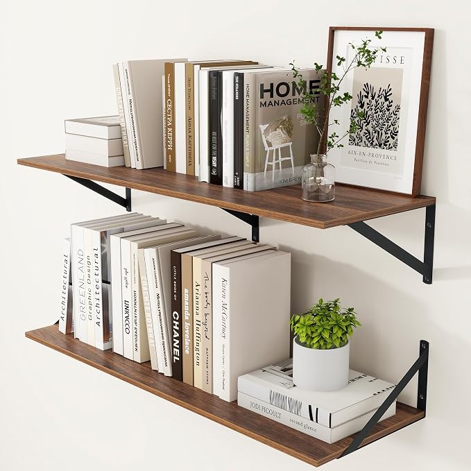 Heimlove 12 Inch Deep Floating Shelves for Wall, 36W x 12D Wood Wall Shelves Set of 2, Walnut Wide Floating Bookshelf for Living Room, Kitchen, Office, Bedroom, with Black Metal Bracke - Walnut by Heimlove