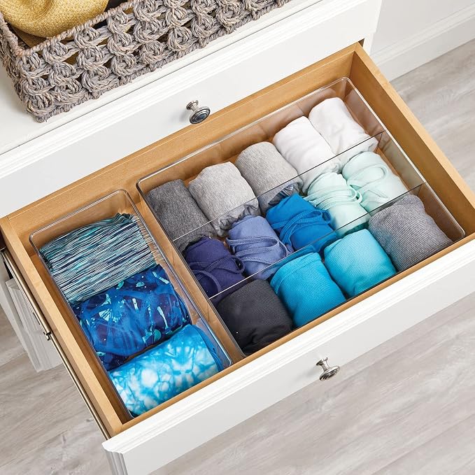 mDesign Long Plastic Drawer Organizer Box, Storage Organizer Bin Container; For Closets, Bedrooms, Use for Leggings, Socks, Ties, Jewelry, Accessories - Lumiere Collection - 6 Pack - Clear - Image 3