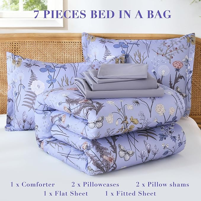 Yiran King Size Comforter Set 7 Piece, Purple Floral Bedding Set, Lightweight Bed in a Bag King with Botanical Flowers Spring, Soft Warm Lavender Comforters with Sheets Complete for All Season