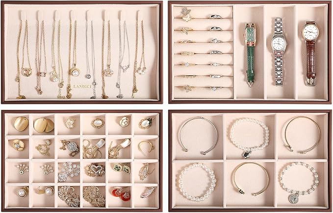 LANDICI Stackable Jewelry Organizer Trays 4 Set,PU Leather Jewelry Organizer Drawer,Jewelry Storage Display Tray for Earring Necklace Rings Bracelet with Removable Dividers,Coffee - Image 2