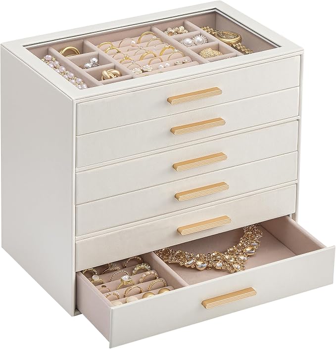Lolalet Jewelry Box Organizer, 6-Layer Jewelry Organizers and Storage Case with Glass Lid, Ring Earring Bracelet Necklace Holder Organizer, Birthday Valentine Gifts for Women Girls -6Layer, Beige by Lolalet