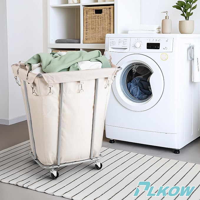 PLKOW Laundry Basket with Wheels 120L Heavy-Duty Laundry Cart with Removable Waterproof Bag, Metal Frame Clothes Basket with Lockable Casters for Home, Laundry Room, Hotel, Beige - Image 6