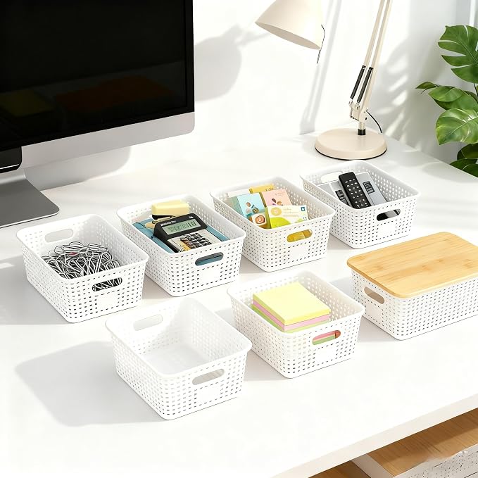 6Pcs Storage Bins with Lids, Stackable Plastic Storage Basket with Bamboo Lid, Pantry Organizer Box Small Containers for Organizing Shelves Drawer Desktop Closet Cabinet Office Classroom 10x7.1x4.1in - Image 4