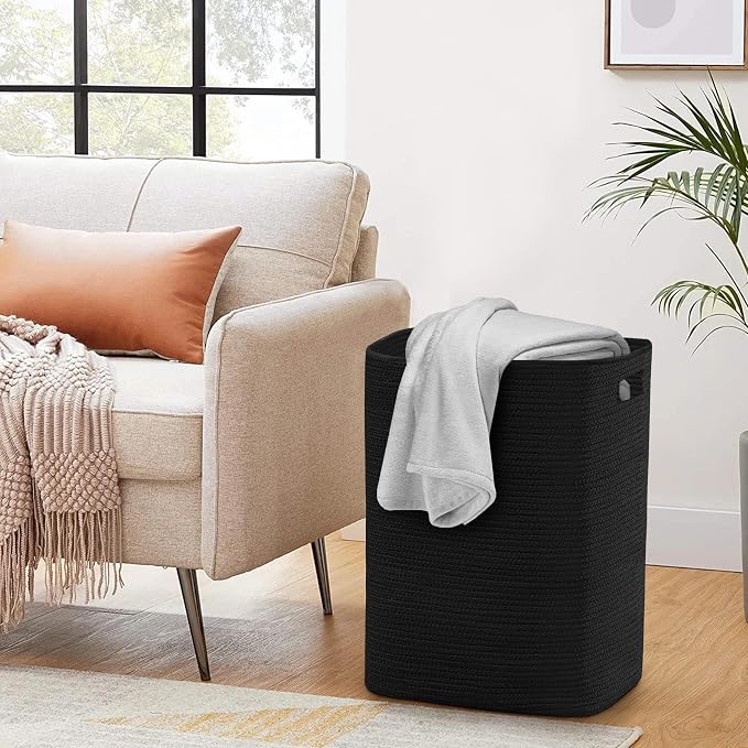 MEGASKET Large Laundry Hamper 16"x13"x22" - Tall Woven Laundry Basket, Cotton Rope Dirty Clothes Hamper, Baby Kids Nursery Wicker Laundry Basket, Bedroom Aesthetic, Soft Laundry Bin, Black Hamper, 75L - Image 7
