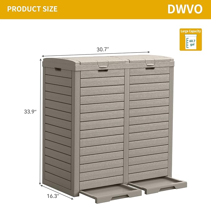 DWVO 76 Gallon Outdoor Resin Trash Can with Dual Lid and Drip Trays, 248 Quart Hideaway Garbage Bin for Porch, Backyard, Deck, Patio, Poolside, Easy Maintenance, 30.7''L x 16.3''W x 33.9''H (Taupe) - Image 6