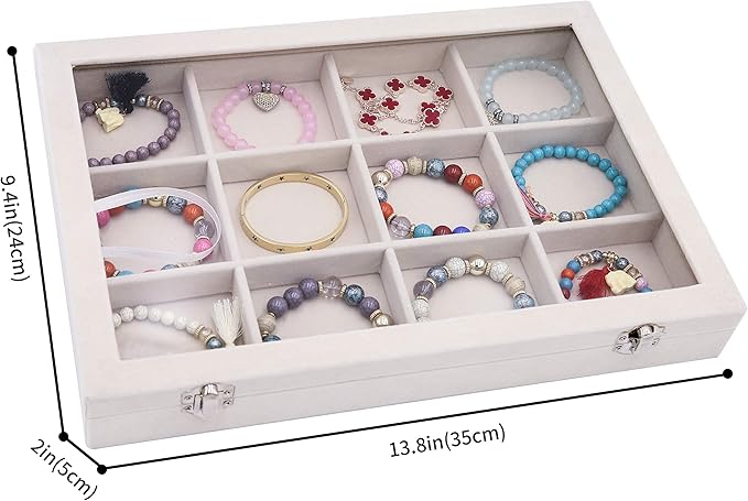 Stratalife Jewelry Organizer Bracelet Organizer Storage Box 12 Grid Stackable Jewelry Tray with Lid Velvet Jewelry Box for Drawer Necklace Bracelet Display Storage Organizer Box (Beige) - Image 6