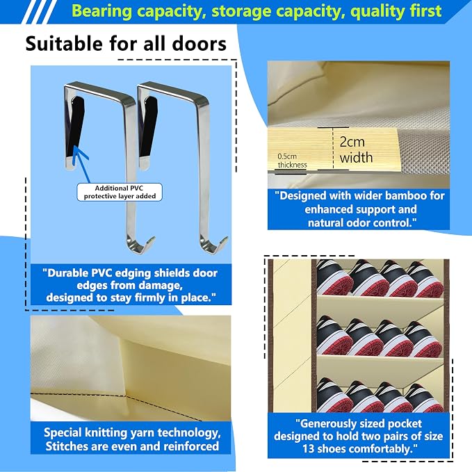 Over The Door Shoe Organizer, 70 Pounds Large Capacity, 20-30-Pair shoe organizer, Heavy Duty-Extra Deep Pockets ,Anti-Scratch Hooks & FSC-Certified Bamboo ,Engineered for Men’s Size 13 shoe,Beige - Image 4