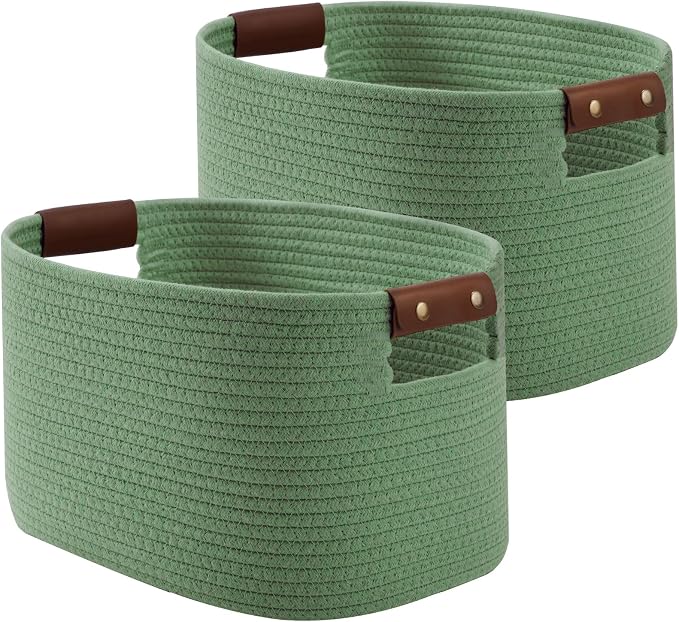 ECDYQXVU Cotton Rope Basket, Storage Baskets with Handle, 15x10x9 Inch Woven Basket for Shelves, Laundry, Towels, Clothes, Books (Green 2Pack) by ECDYQXVU