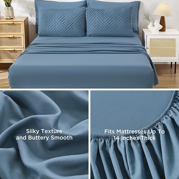 Andency King Size Comforter Set 7 Pieces Ocean Blue - Bed in a Bag King Boho Lightweight Fluffy Tufted Bedding Sets with Quilt Comforter, Sheets, Pillowcases & Shams