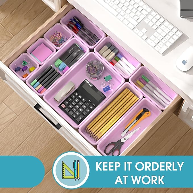 16 PCS Drawer Organizer Set, 4 Size Makeup Drawer Divider Organizer With Non-Slip Pads, Interlocking Plastic Storage Bins for Office,Jewelry Vanity,Gadgets, Bathroom,Kitchen, Purple - Image 4