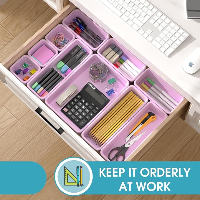 10 PCS Drawer Organizer Set, 4 Size Makeup Drawer Divider Organizer With Non-Slip Pads, Interlocking Plastic Storage Bins for Office,Jewelry Vanity,Gadgets, Bathroom,Kitchen, Purple - Image 4