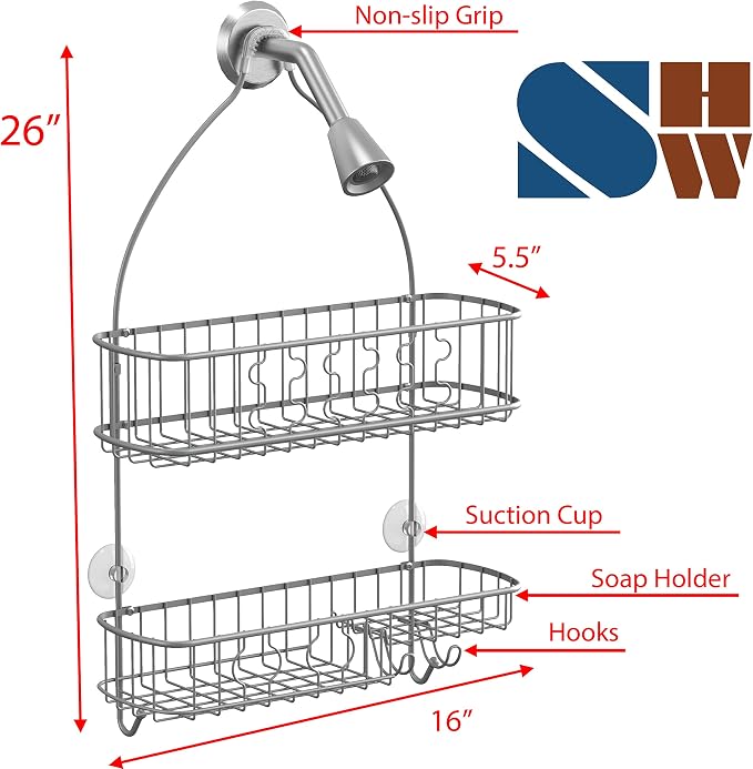 Simple Houseware Bathroom Hanging Shower Head Caddy Organizer, Silver (26 x 16 x 5.5 inches) - Image 3