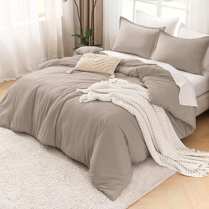 Litanika Light Coffee Comforter King Size, 3 Pieces Lightweight Solid Bedding Comforter Set, All Season Fluffy Bed Set