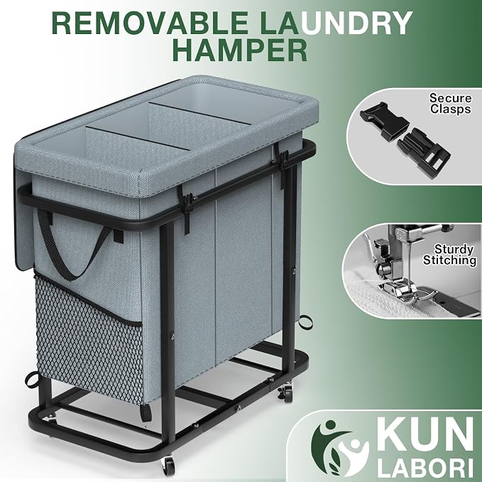 60 Gal (230L) High Grade Large Laundry Basket with Wheels, Rolling Laundry Hamper, Laundry Cart with Metal Frame and Removable Bag Design, Suitable for Laundry Room, Bedroom (Grey, 3 Section 230L) - Image 5