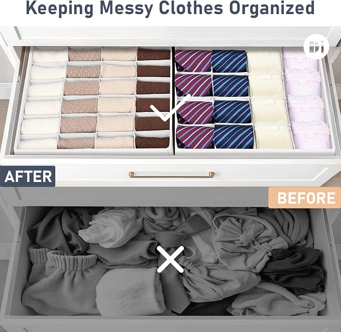 Joyoldelf Drawer Organizer 4 Pack - 2 x 24 Cell + 2 x 16 Cell Closet Organizers and Storage Dividers for Socks, Handkerchiefs, Ties, Belts (White) - Image 5