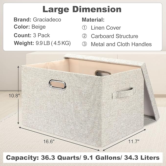 Graciadeco Large Quart Collapsible Stackable Storage Bins with Lids, 3 Packs Beige Linen Fabric Closet Boxes with Lids, Storage Cube Baskets Container Organizers for Bedroom Office(16.6 x 11.7 x 10.8) - Image 2