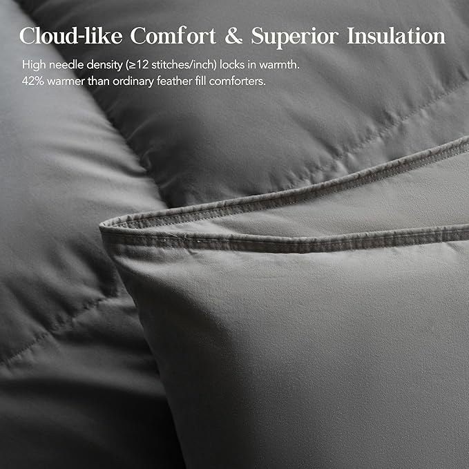 Down Feather Fiber Comforter Queen Size,Premium Ultra-Soft Breathable Comforter High Fill Power Grey Duvet Insert,All Season Hotel Luxury Bedding Comforters 8 Corner & Center Loops,Baffle Box Design