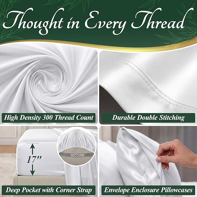 DECOLURE 100% Viscose Derived from Bamboo Sheets Twin Size - Luxury 4 Pc Naturally Cooling Sheets, Ultra Soft Bed Set - Deep 17" Pockets, Durable Double Stitching, Oeko Tex Standard (White)