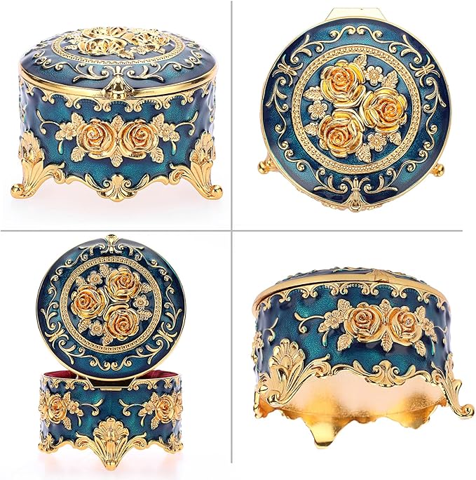 Hipiwe Antique Metal Jewelry Box Ring Earring Treasure Chest Case Small Trinket Box Round Jewelry Display Box Necklace Organizer Wedding Birthday Gift Home Decor, 3x3x2.4 inch - Image 3
