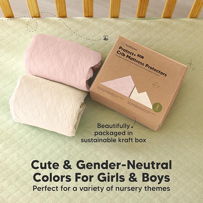 2-Pack Waterproof Crib Mattress Protector Cover Fitted - Quiet Baby Crib Mattress Pad Sheets, 52" x 28" Soft Quilted Cotton Baby Sheet, Machine Washable, Easy Fit, Durable (Cameo/Mavy)