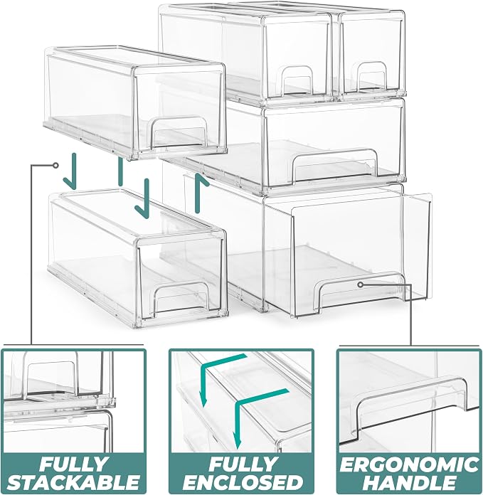 Sorbus 2 Medium & 4 Small Clear Stackable Storage Drawers – Plastic Organizer Bins with Handles – Stackable Pull-Out Storage Drawers for Closet, Pantry, Office, Bathroom, Craft, and Toy Organization - Image 4