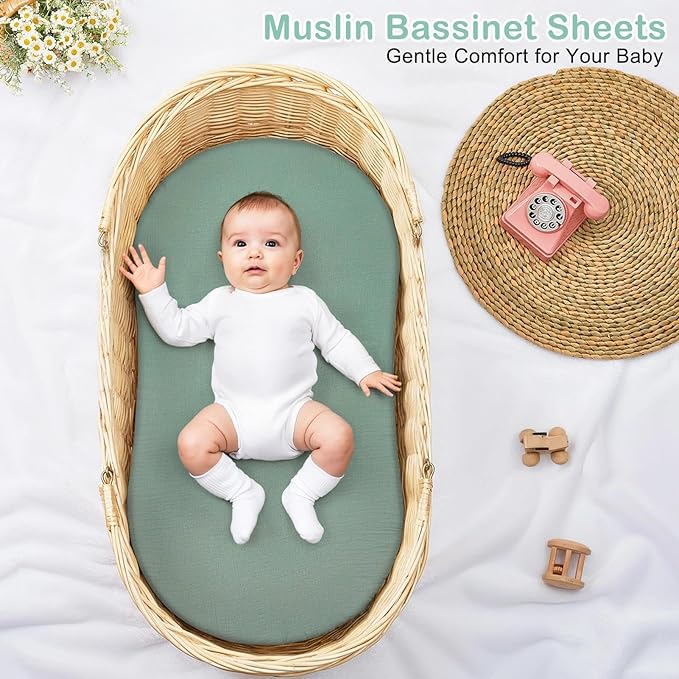 Basumee Muslin Bassinet Sheets for Baby Girl Boy 2 Pack Soft Breathable Baby Bedside Bassinet Fitted Sheets with Bottom Elastic Band Mattress Cover for Rectangle Oval Hourglass Bassinets