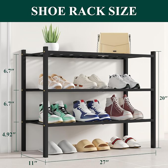 Smiry Shoe Rack, 3 Tier Bamboo Shoe Organizer, Stackable Free Standing Wooden Shoe Storage Shelf for Closet, Entryway, Front Door Entrance, Black - Image 2