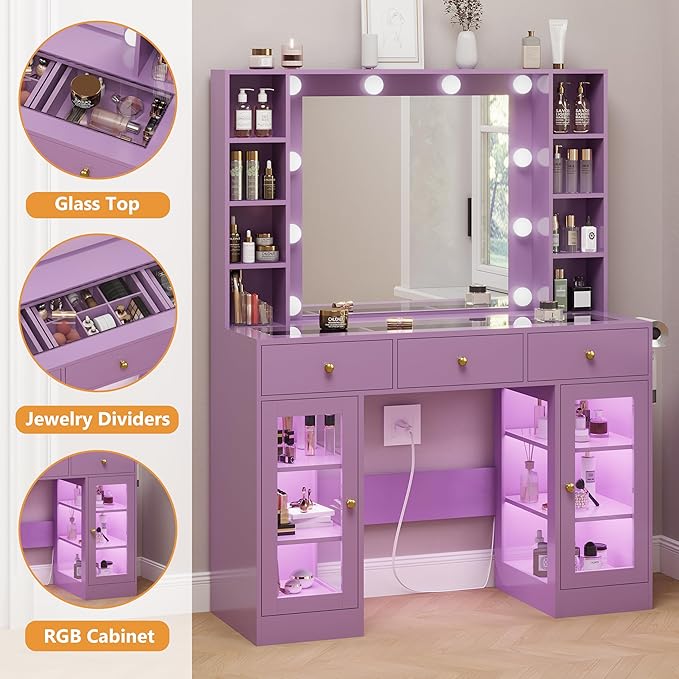 HUANLEGO Purple Vanity Desk with Mirror and Lights, Glass Top Vanity with Lighted Mirror & RGB Glass Cabinet and 3 Drawers, Makeup Desk with Lights Dressing Table for Bedroom, 3 Color Modes
