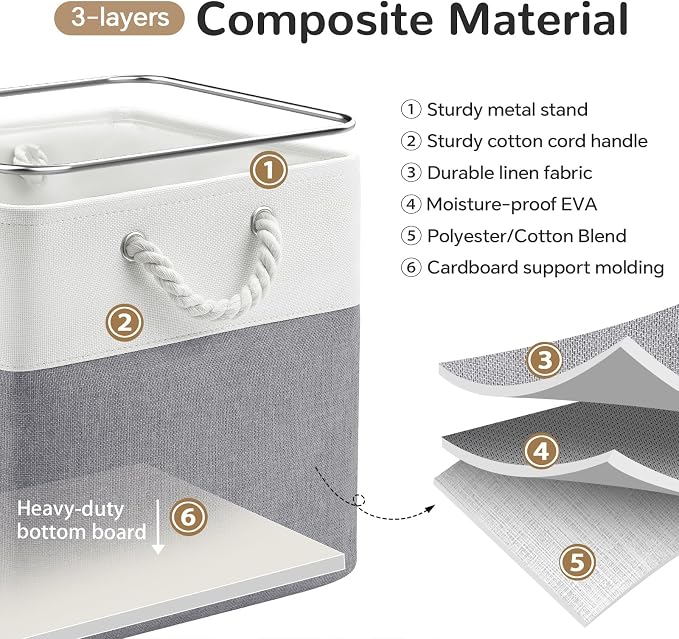 12 x 12 Inch Cube Storage Bins, 4 Pack Fabric Storage Basket with Handles, Foldable Boxes Organizer for Shelf Baskets for Home, Clothes (White/Grey) - Image 4