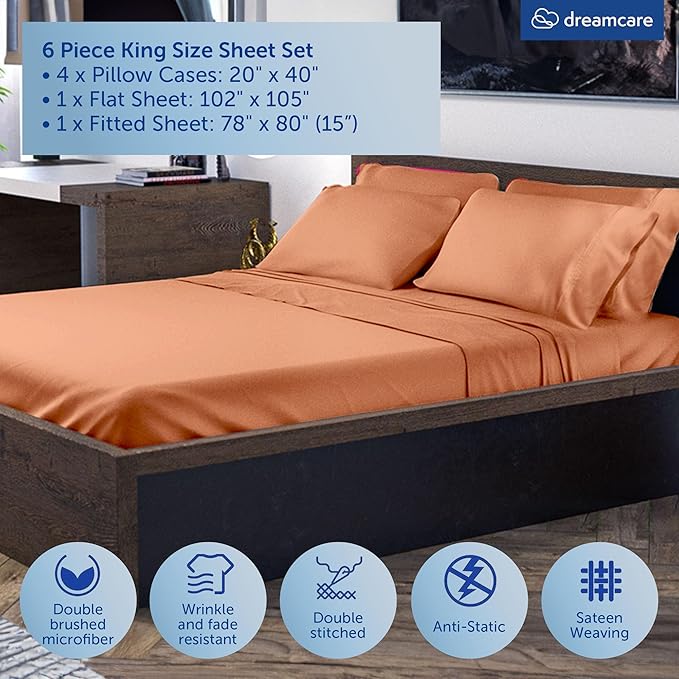 DREAMCARE King Size Sheets Set - 6 pcs Breathable Cooling Bed Sheets - up to 15" Deep Pocket King Sheet Set with Side Pockets - Extra Soft 100% Brushed Hypoallergenic Hotel Luxury Bedding -Terracota