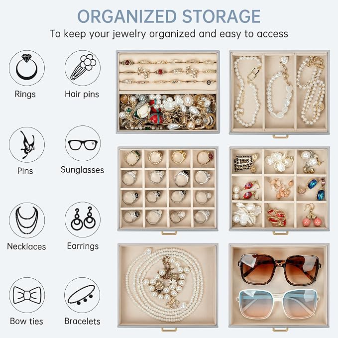 AKOZLIN 6-Tier Jewelry Box Organizer Functional 5 Drawers Leather Jewelry Storage Case for Women Girls Ring Necklace Earring Bracelet Holder Organizer with Mirror Grey - Image 3
