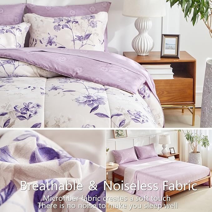 AIKASY 7-Piece King Size Bed in a Bag Comforter Set - Lilac Purple Floral Ensemble with Reversible Botanical Flowers Comforter, Sheets, Pillowcases & Shams