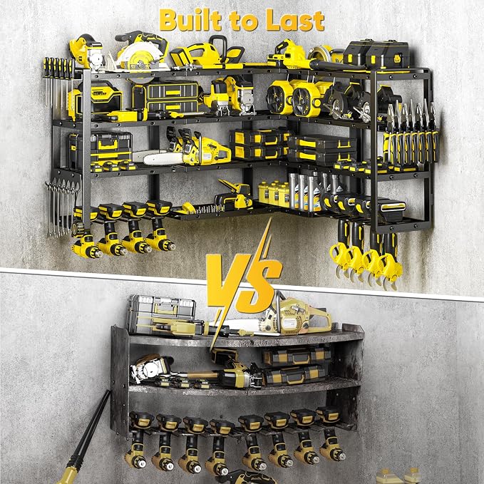 POKIPO Extra Large 64" W Power Tool Organizer Wall Mount, 1000 lbs Load Capacity, Heavy Duty 4 Tier Garage Storage Rack with 8 Drill Holders, 2 in 1 Corner or Straight Installation - Image 6