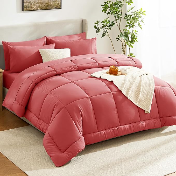 CozyLux Queen Comforter Set Coral, 7 Pieces Bed in a Bag, Coral Comforters Queen Size, All Season Bedding Sets with Stitch Quilted Comforter, Flat Sheet, Fitted Sheet, Pillowcases