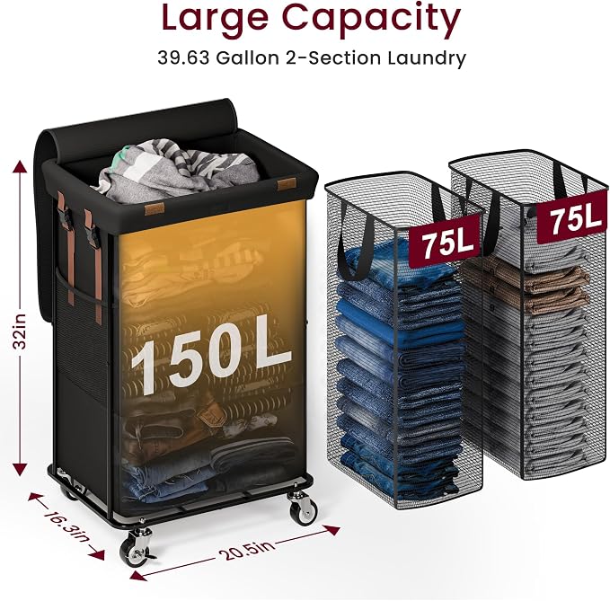 Double Laundry Hamper with Lid, Rolling Laundry Basket with Wheels and 2 Removable 75L Bags, 2 Section Large Capacity for Laundry Bedroom Bathroom Dorm, Easy Move & Organize,150L Black - Image 2