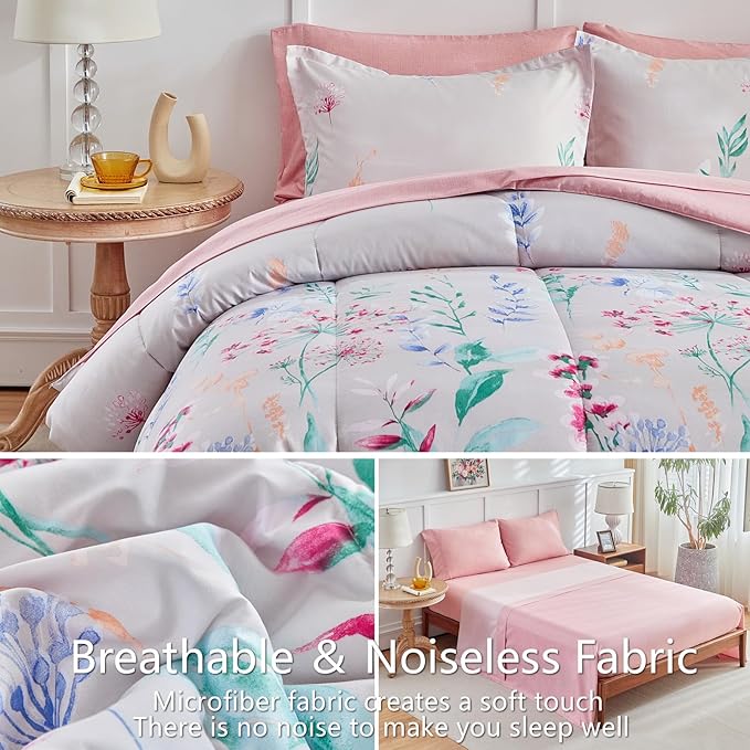AIKASY 7-Piece Comforter Set Bed in a Bag, King Size, Floral Watercolor Pattern - Bedding Set with Comforter, Pillow Shams, Fitted Sheet, and Pillowcases - Soft and Cozy All-Season (Pink Floral)