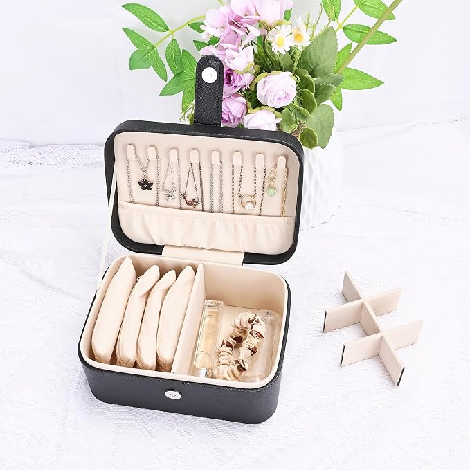2 Layer Portable Jewelry Box, Large Jewelry Travel Case with 4 Jewelry Pouches, Medium Size Jewelry Organizer Box for Earrings, Necklaces, Bracelets (black) - Image 8