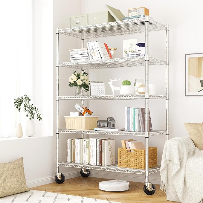 REIBII 73''H Storage Shelves 1660LBS Wire Shelving Unit with Wheels 5 Tier Metal Shelving,Heavy Duty Metal Shelves for Storage Rack,Commercial Industrial for Garage Kitchen 73''HX35''WX15''D,Chrome - Image 2