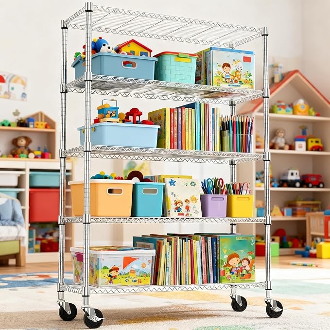 M MZG 1750LBS 47.2" W 5 Tiers Storage Shelves Metal Shelving Unit with Wheels Heavy Duty Garage Shelving Adjustable Wire Shelves for Pantry,Kitchen,Garage,Basement,Chrome 17.7" D x 47.2" W x 76.8" H - Image 5