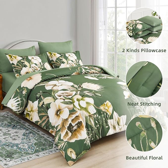 Luxudecor Floral Comforter Set Queen Size 7 Piece, Olive Green Flower Bed in a Bag, Elegant Comforter Bedding Set for All Season (Olive Green, 90"x90")