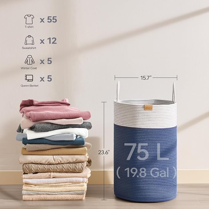 Nunsino Laundry Hamper 75L,Large Laundry Basket for Clothes,Decorative Storage Basket for Blankets,Cotton Rope Woven basket for bedroom,Navy Blue - Image 6