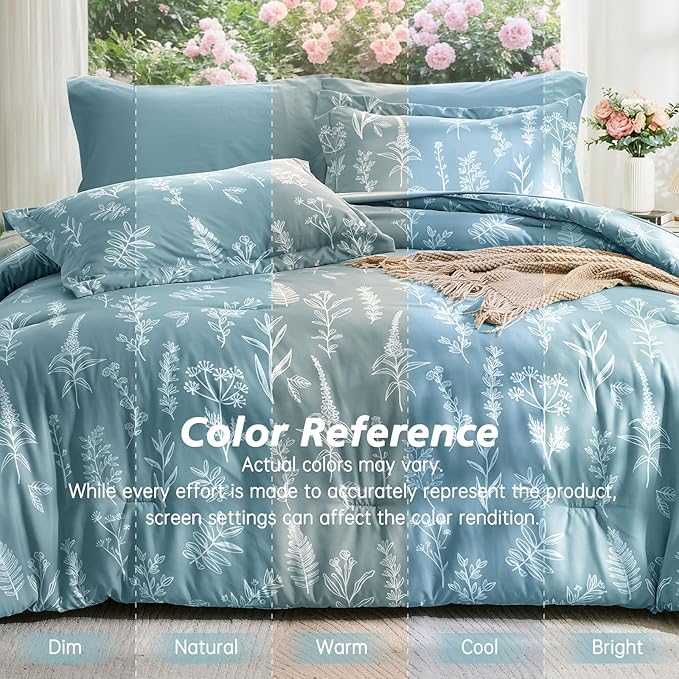 MUXHOMO Blue Full Comforter Set, Elegant Floral Print Bed in a Bag 7 Pieces, Ultra Soft & Breathable Reversible Botanical Pattern Bedding Set with Comforter, Sheets, Pillowcases, and Shams