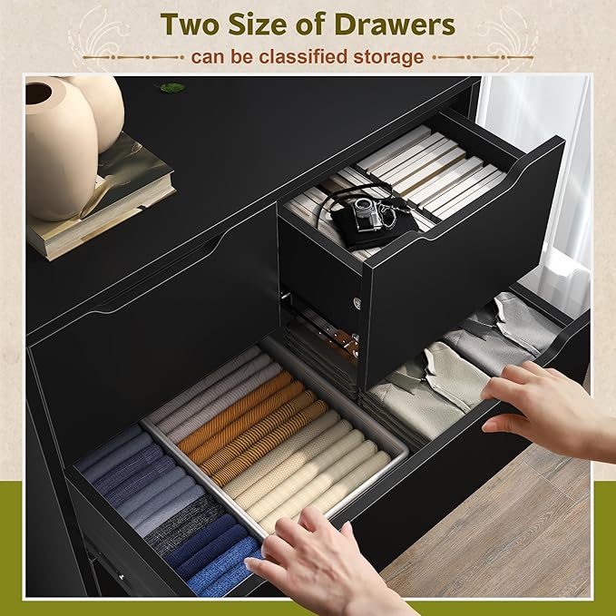 Romorgniz Dresser for Bedrom with 6 Large Drawers, Tall Chest of Drawers Modern Wooden Dresser for Living Room, Entryway, Hallway, Black, 43.2" H X 27.6" W X15.6 D