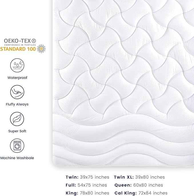 SLEEP ZONE Waterproof Mattress Pad Queen, Breathable Mattress Topper Quilted Fitted Cover Protector with Deep Pockets fits 8-21 inch, White