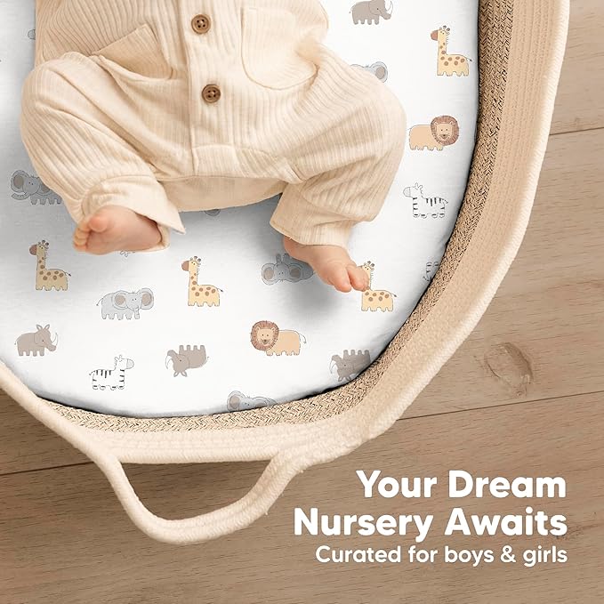 2-Pack Baby Bassinet Sheets Girl, Boy - 33x17 Viscose Derived from Bamboo Bedside Mattress Fitted Bassinet Sheets, Compatible with Halo Bassinest Swivel Sleeper, Baby Delight, Graco (KeaSafari)