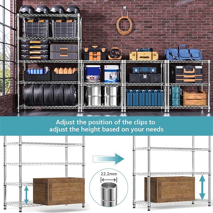 M MZG 5-Shelf Storage Shelves,Wire Shelving Heavy Duty Metal Storage Shelving Unit Adjustable Garage Shelving Rack Pantry Kitchen (Chrome, 5 Tier,17.7" D x 47.2" W x 76.7" H) - Image 4