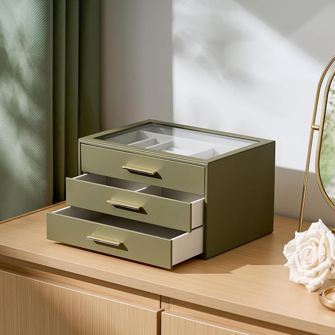 Jewelry Box Organizer Case for Women: 3-Layer Jewelry Storage Case with Glass Window, Olive Green Leather with Cream Velvet, Holder for Ring Necklace Bracelet Brooch Watch, Great Gift for Her - Image 5