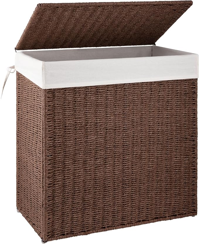 OIAHOMY Laundry Hamper with Lid, 110L(29.1 Gal) Large Wicker Laundry Basket for Bedroom, Handwoven Paper Rope Clothes Hamper with Washable Liner & Metal Frame, Decorative organizer for Bathroom Brown by MasterofSpaceOptimization